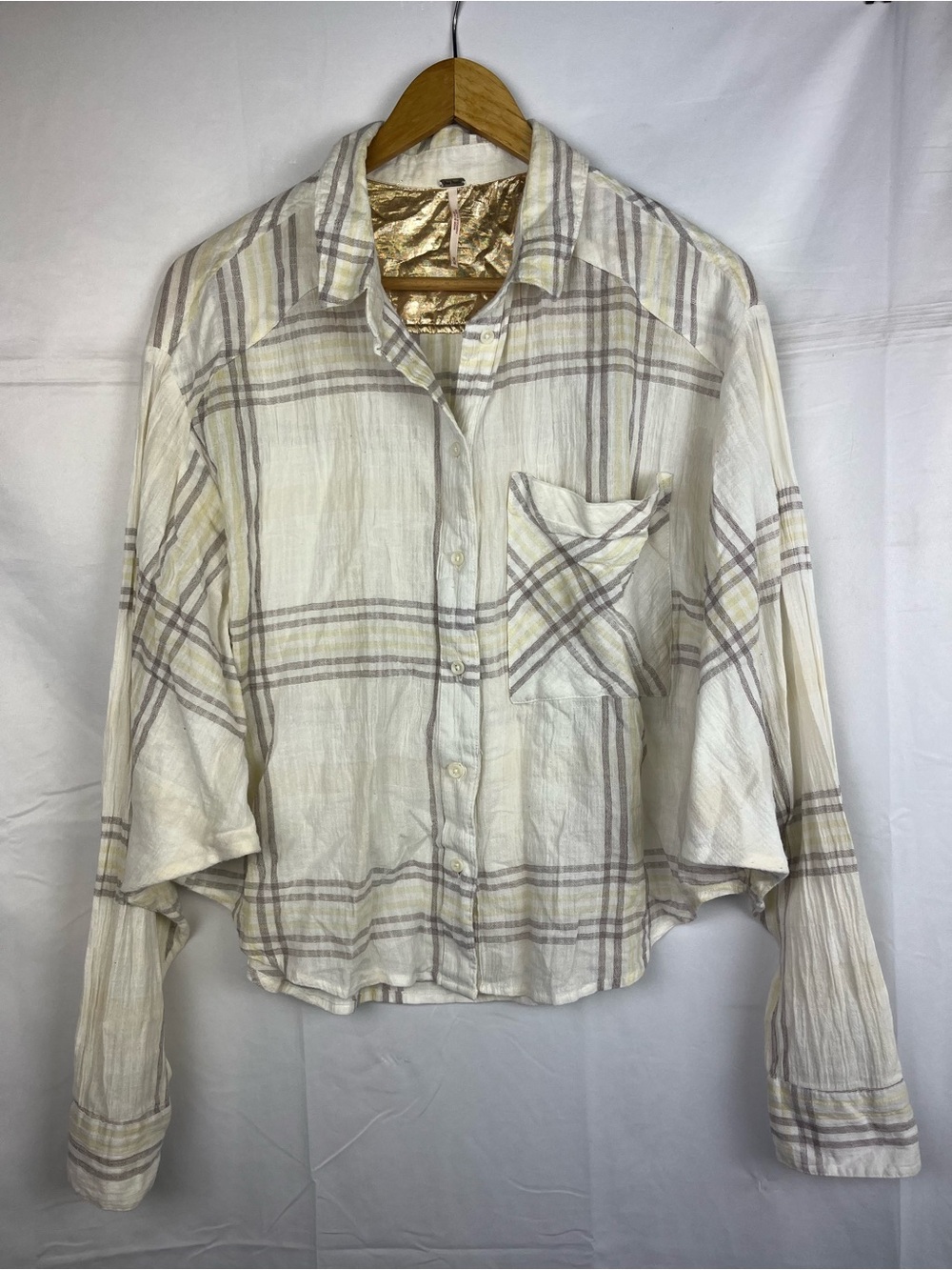 Free People Shirt Women M Batwing Sleeve Button Up Boho Plaid Party Core Ex